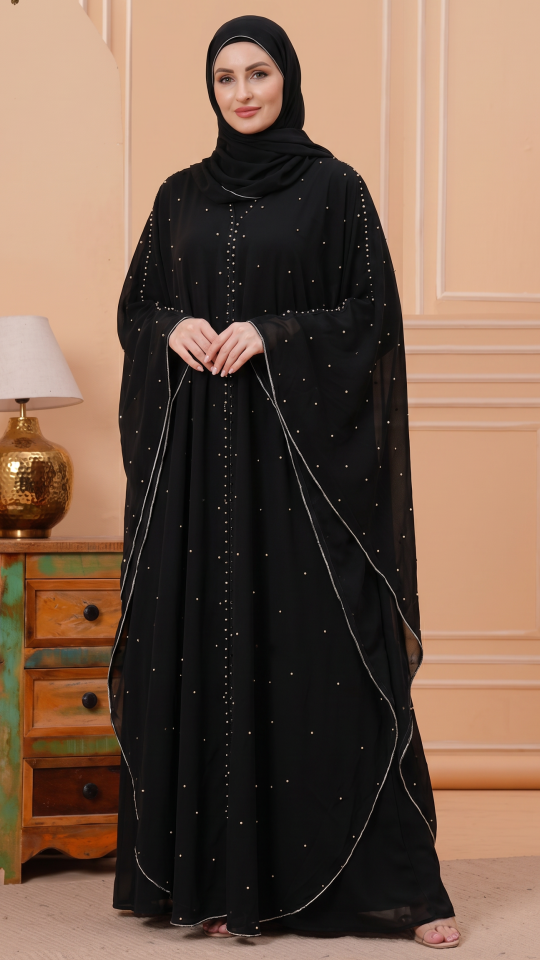 Modest Dress With Pearl Work On Shrug In Black