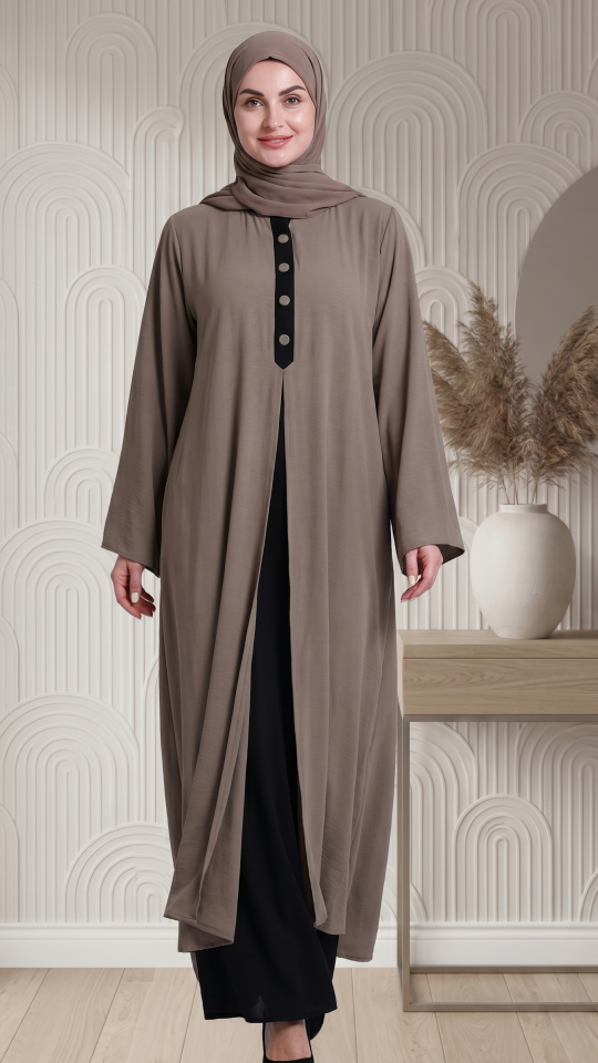 Black And Brown Attached Shrug Abaya with Show Buttons on the Front 