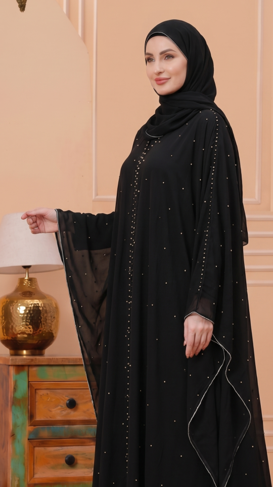 Modest Dress With Pearl Work On Shrug In Black