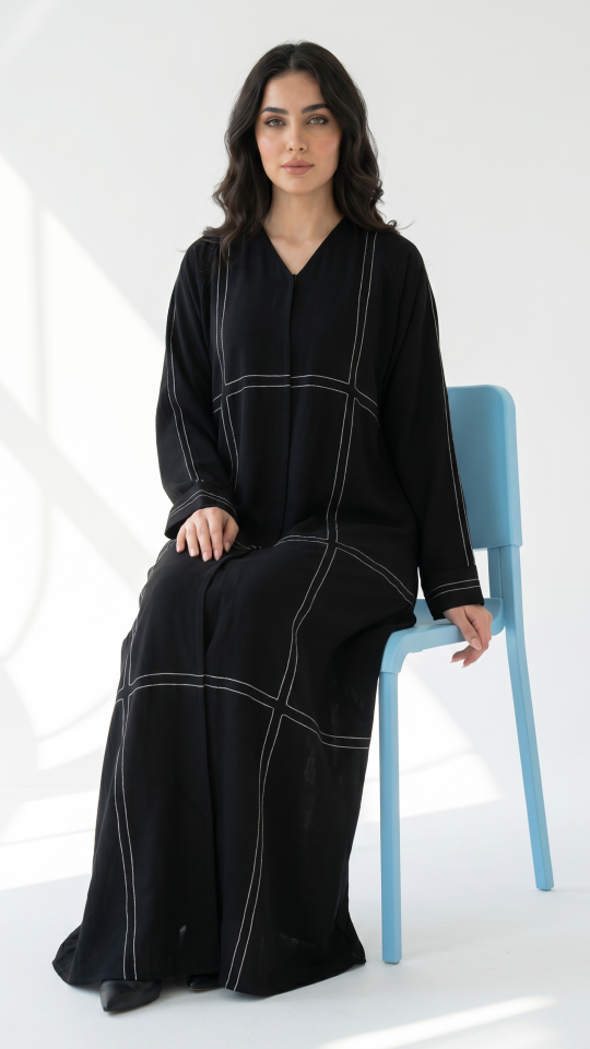 Wholesale Black CEY Front Open Abaya with Threaded Design