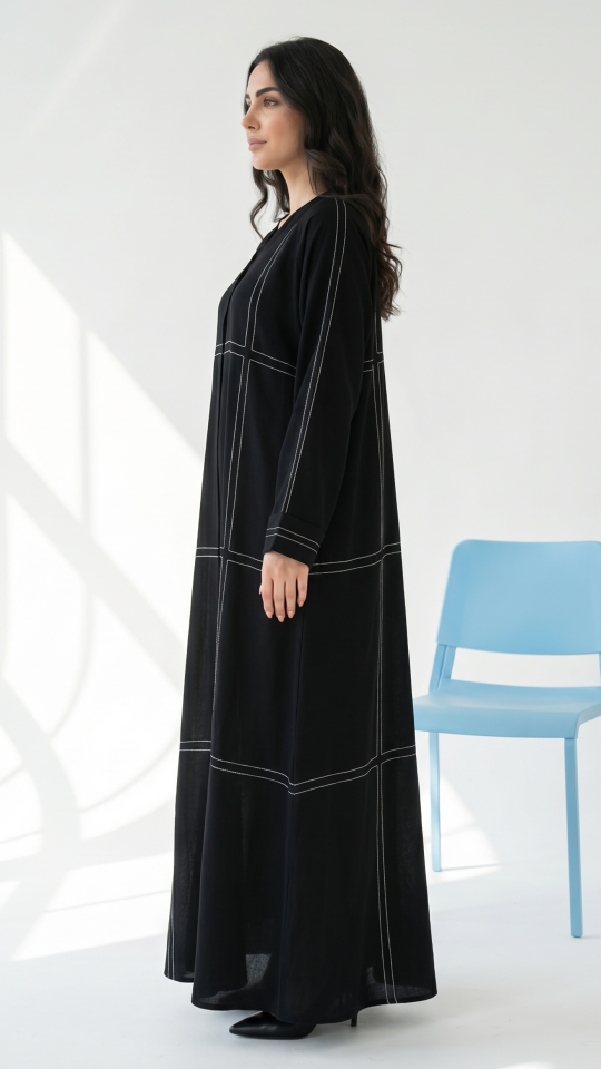 Wholesale Black CEY Front Open Abaya with Threaded Design