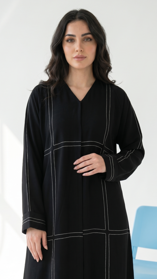 Wholesale Black CEY Front Open Abaya with Threaded Design
