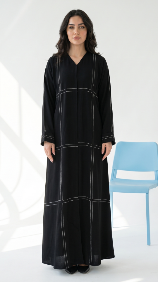 Wholesale Black CEY Front Open Abaya with Threaded Design