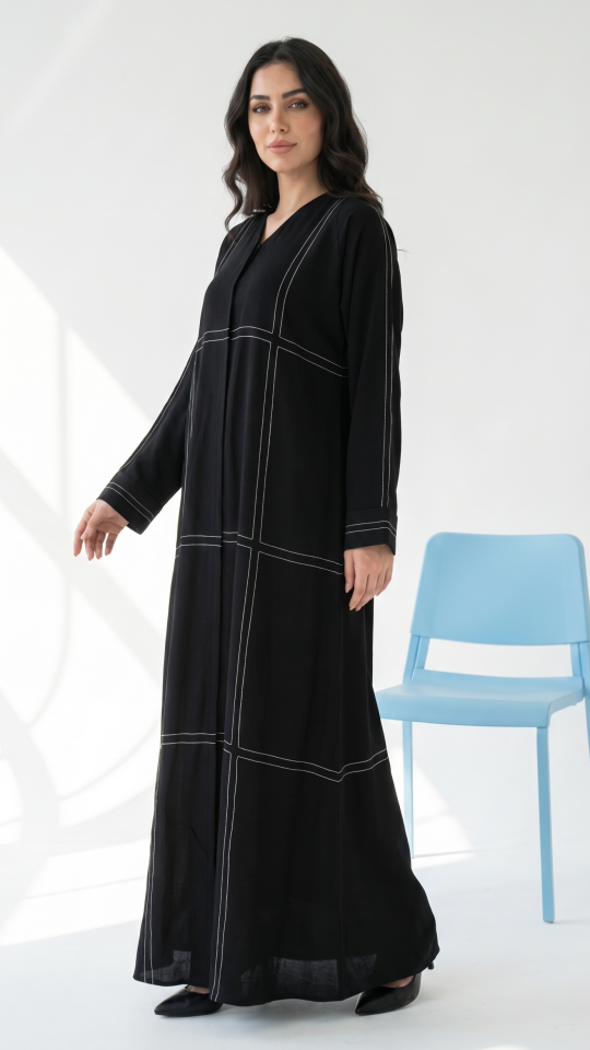 Wholesale Black CEY Front Open Abaya with Threaded Design