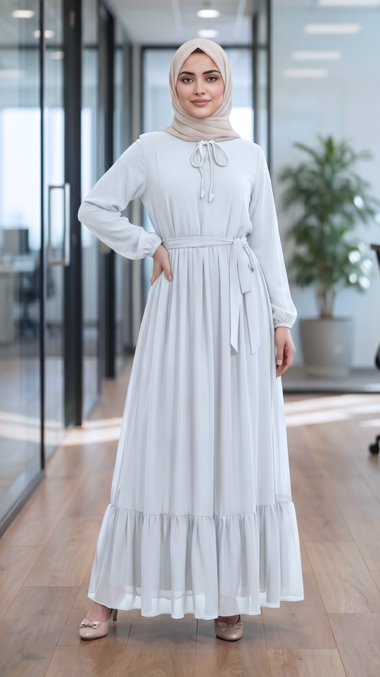 Modest Dress with Tie Up Neck in White