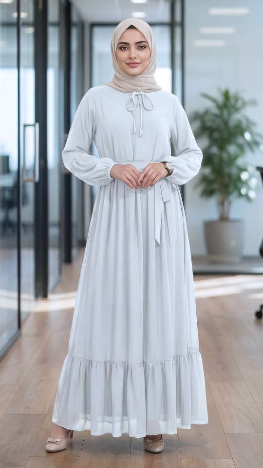 Modest Dress with Tie Up Neck in White