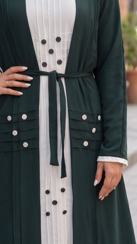 Modest Dress with Show Buttons on the Front in Dark Green and OffWhite