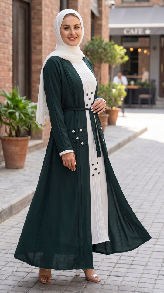 Modest Dress with Show Buttons on the Front in Dark Green and OffWhite