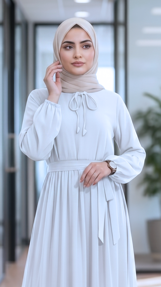 Modest Dress with Tie Up Neck in White