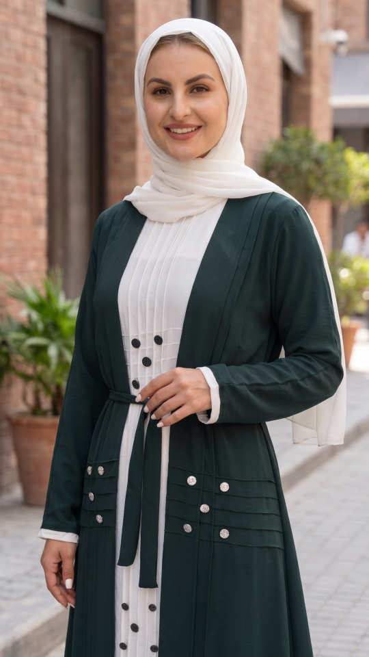 Modest Dress with Show Buttons on the Front in Dark Green and OffWhite