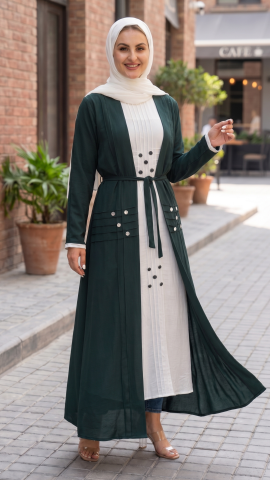 Modest Dress with Show Buttons on the Front in Dark Green and OffWhite