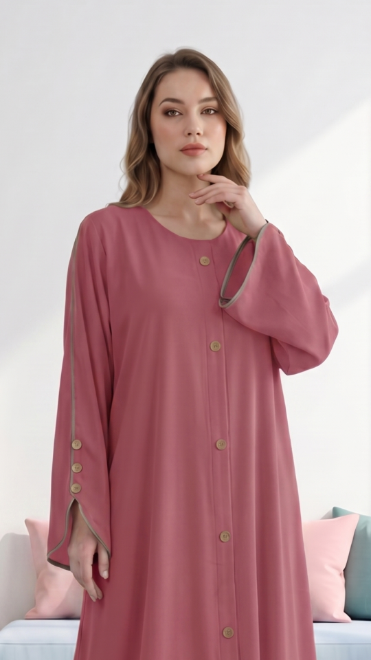 Bulk CEY Abaya with Beige Piping and Show Buttons on the Front and Sleeves in Puce Pink
