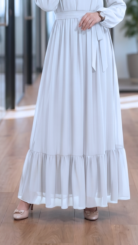 Modest Dress with Tie Up Neck in White