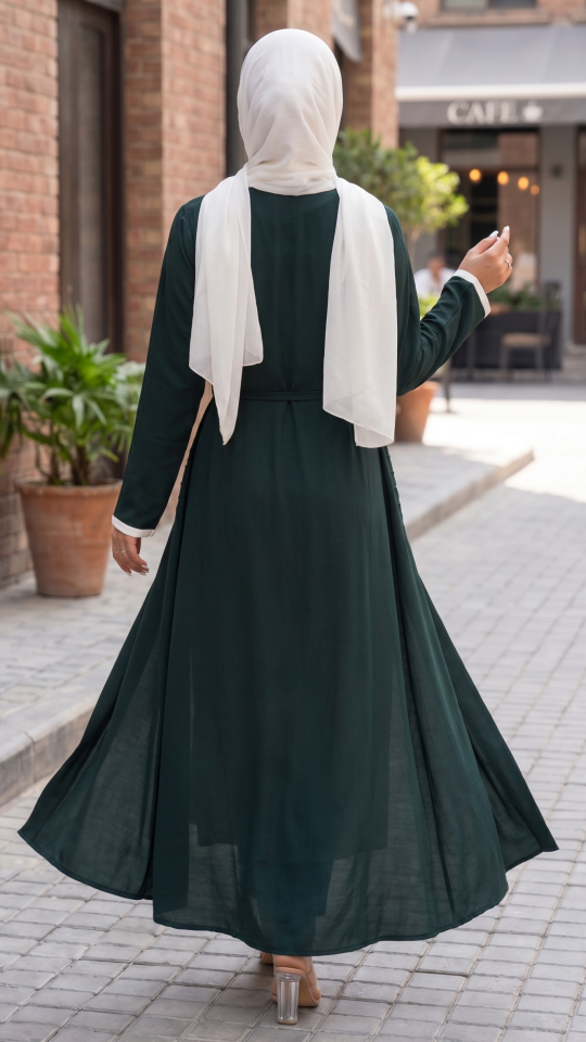 Modest Dress with Show Buttons on the Front in Dark Green and OffWhite
