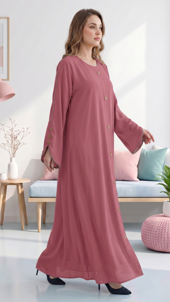 Bulk CEY Abaya with Beige Piping and Show Buttons on the Front and Sleeves in Puce Pink