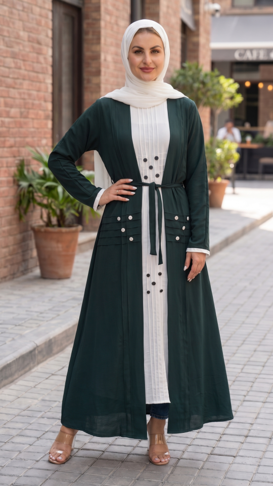 Modest Dress with Show Buttons on the Front in Dark Green and OffWhite