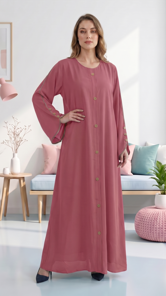 Bulk CEY Abaya with Beige Piping and Show Buttons on the Front and Sleeves in Puce Pink