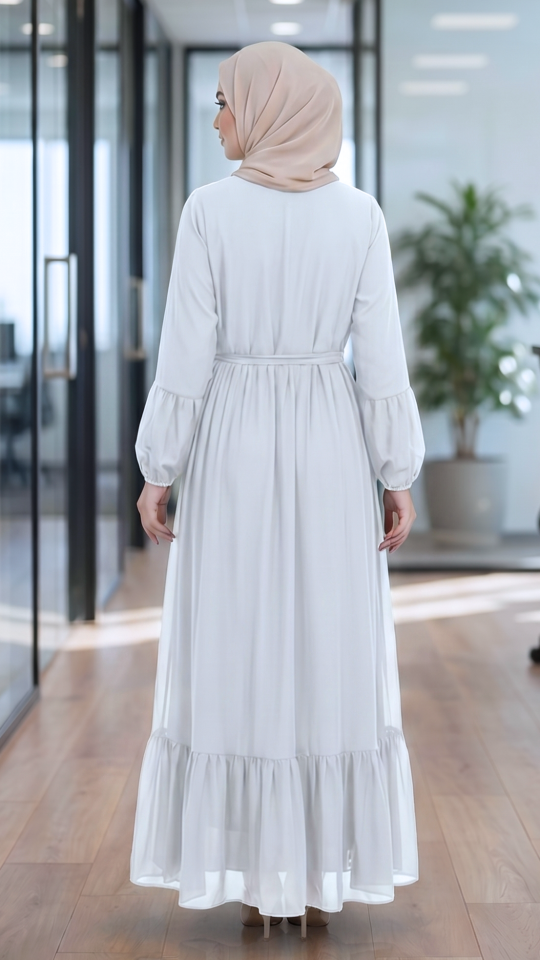 Modest Dress with Tie Up Neck in White