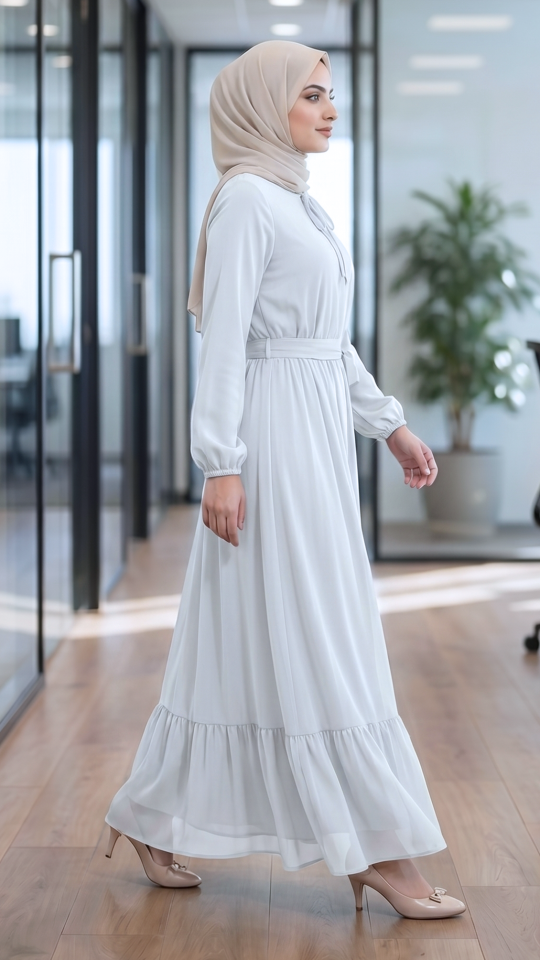 Modest Dress with Tie Up Neck in White