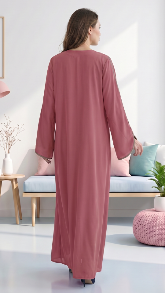 Bulk CEY Abaya with Beige Piping and Show Buttons on the Front and Sleeves in Puce Pink