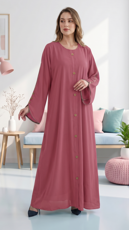 Bulk CEY Abaya with Beige Piping and Show Buttons on the Front and Sleeves in Puce Pink