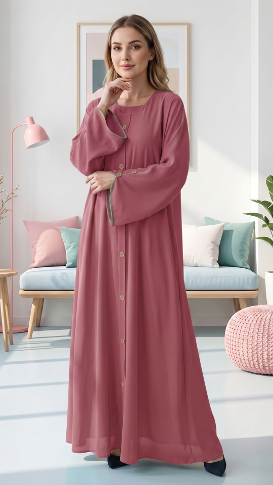 Bulk CEY Abaya with Beige Piping and Show Buttons on the Front and Sleeves in Puce Pink
