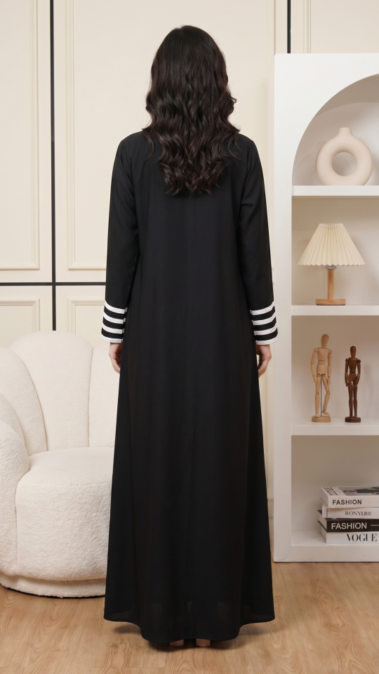 Nida Matte Abaya With White Band And Show Buttons In Black