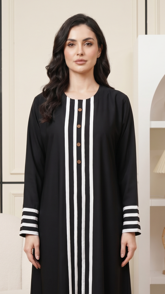Nida Matte Abaya With White Band And Show Buttons In Black