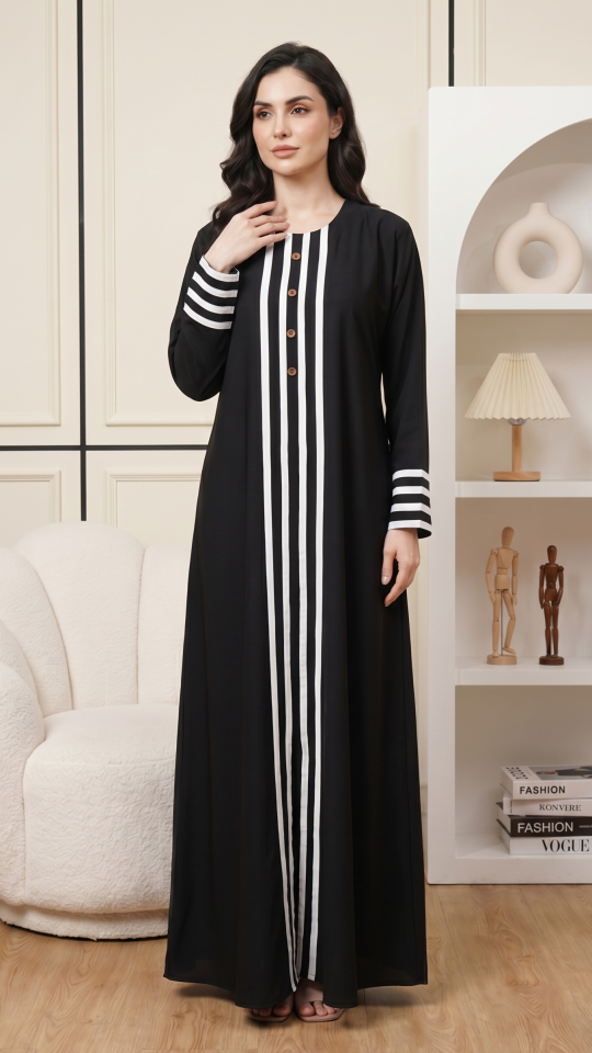 Nida Matte Abaya With White Band And Show Buttons In Black