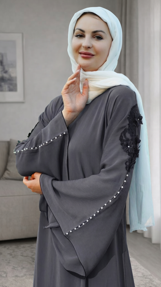 Black Abaya with a White Band on the Front and Sleeves 
