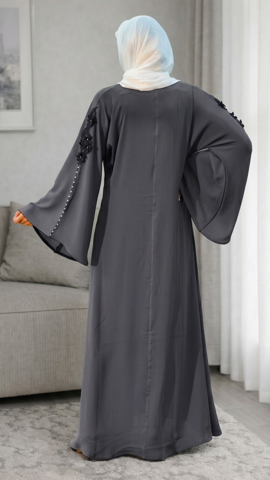 Elegant Grey Abaya with White Pearls and Embroidered Lace