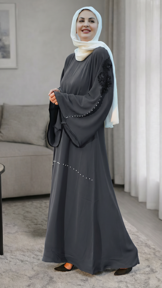 Elegant Grey Abaya with White Pearls and Embroidered Lace