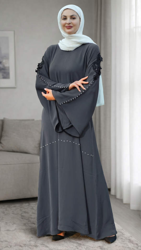 Elegant Grey Abaya with White Pearls and Embroidered Lace