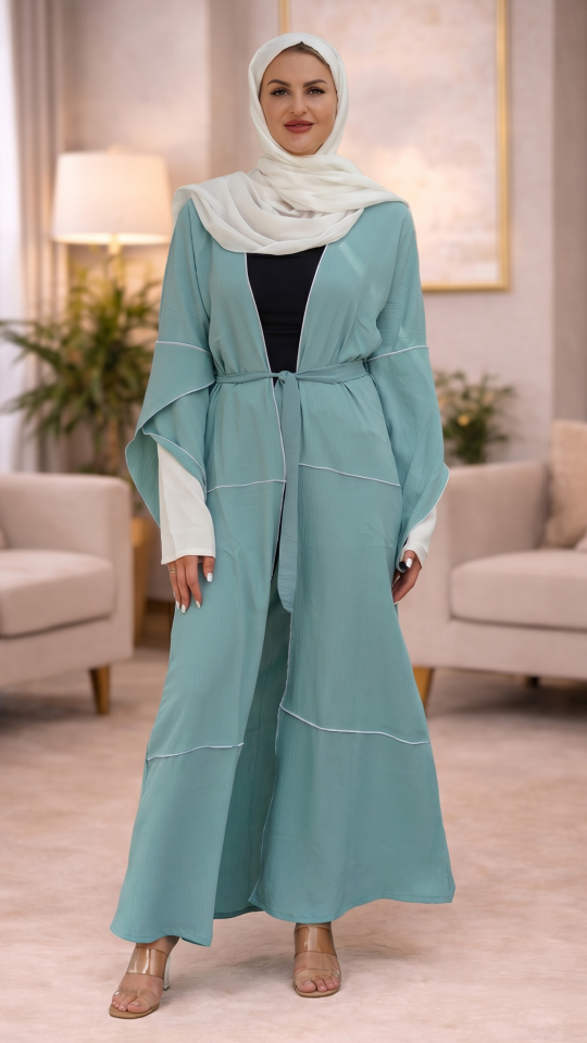 Turquoise Shrug with OffWhite Overlocking on the Front and Sleeves