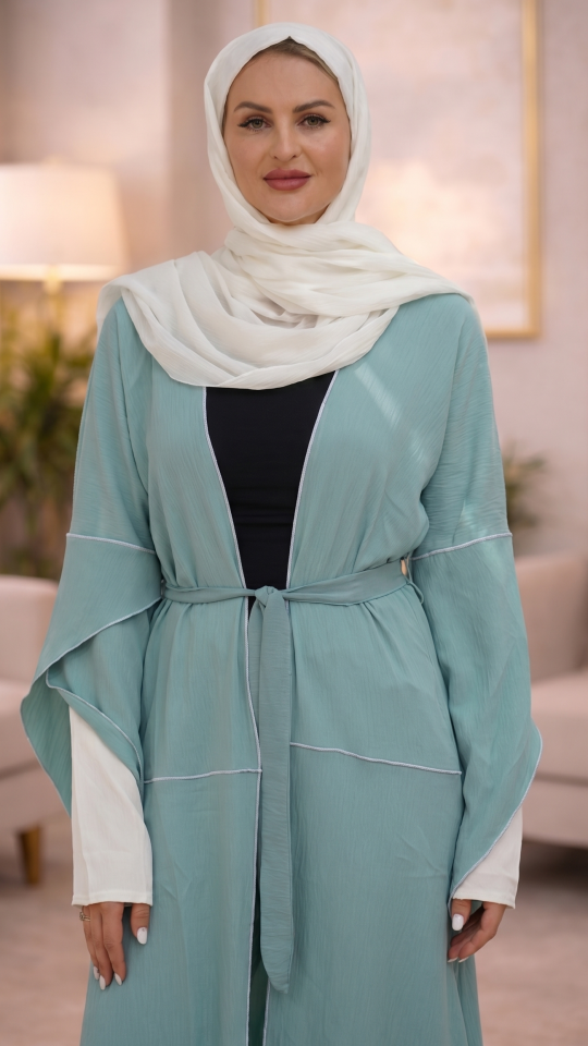 Turquoise Shrug with OffWhite Overlocking on the Front and Sleeves