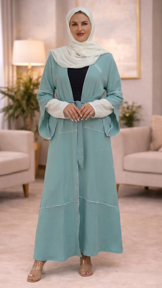 Turquoise Shrug with OffWhite Overlocking on the Front and Sleeves