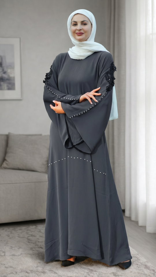 Black Abaya with a White Band on the Front and Sleeves 