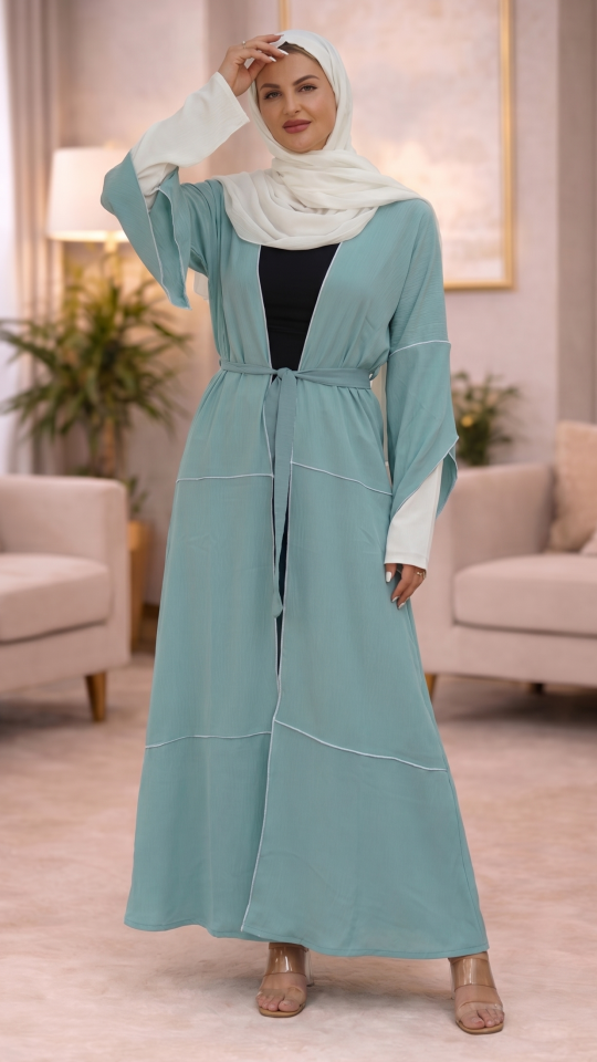 Turquoise Shrug with OffWhite Overlocking on the Front and Sleeves