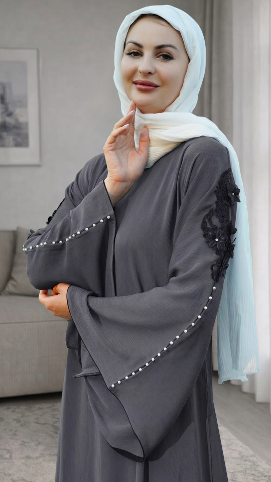 Elegant Grey Abaya with White Pearls and Embroidered Lace