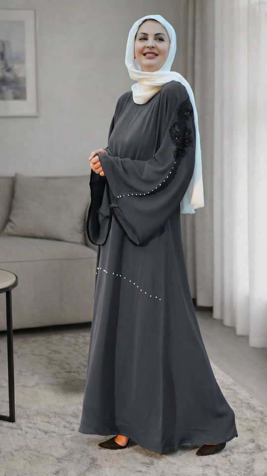 Black Abaya with a White Band on the Front and Sleeves 