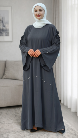 Simple Zoom Abaya with White Pearl Work and Embroidery Lace in Olive