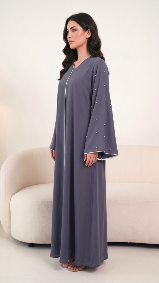 Bulk Grey Zoom Simple Abaya With White Pearl Work And Piping 