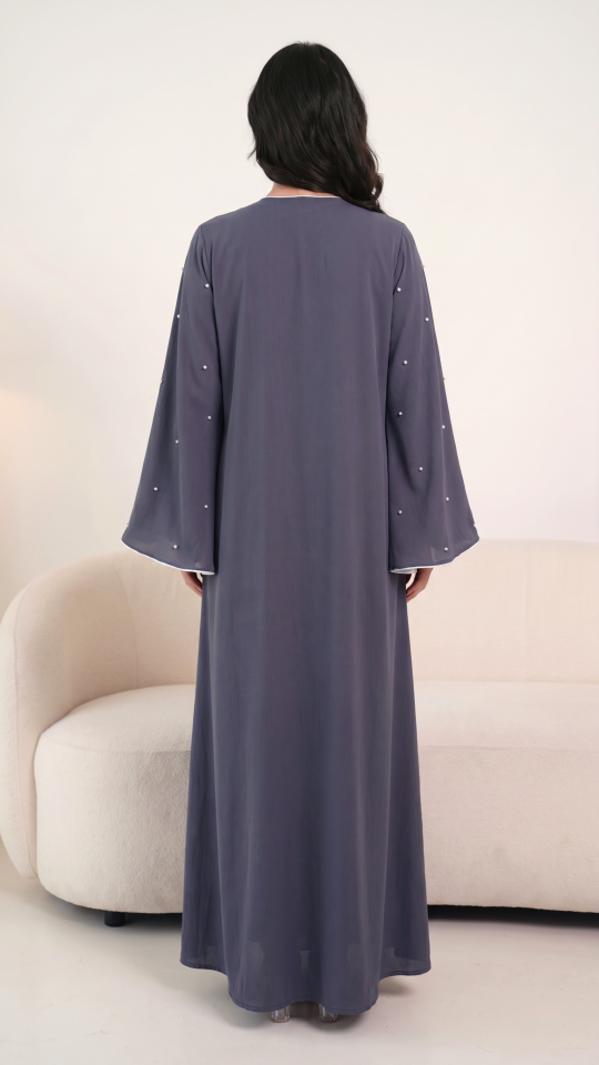 Bulk Grey Zoom Simple Abaya With White Pearl Work And Piping 