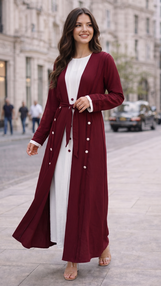 Modest Dress with a Shrug and Belt in Maroon and OffWhite