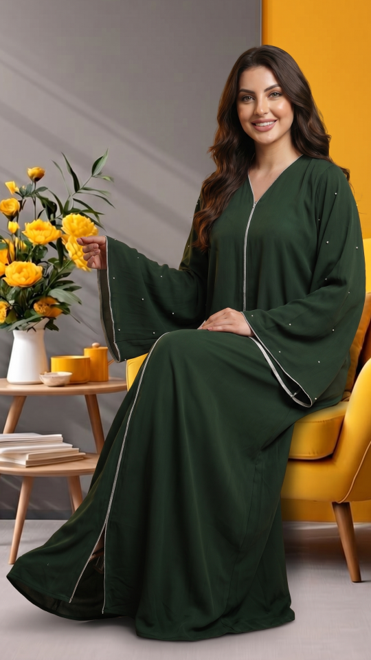 Bulk Olive Zoom Simple Abaya With White Pearl Work And Piping 