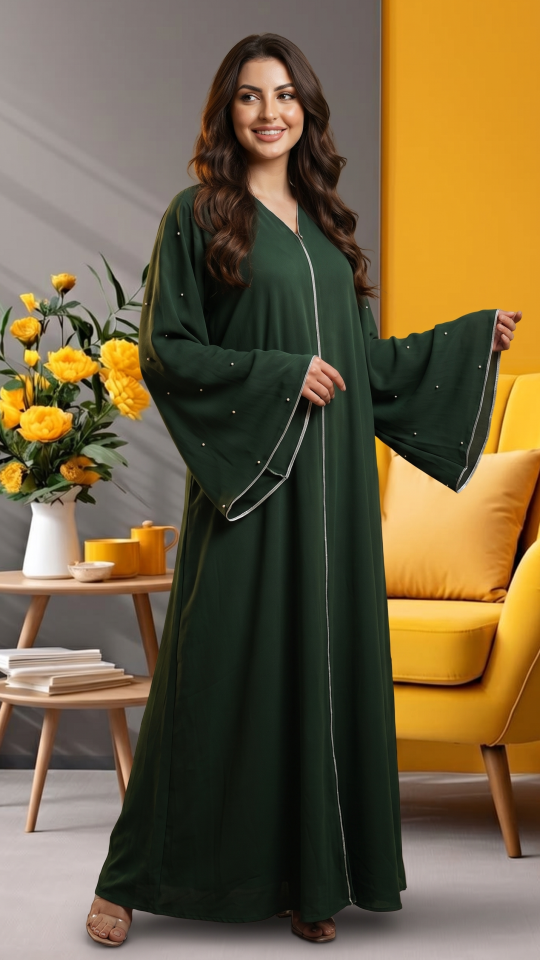 Bulk Olive Zoom Simple Abaya With White Pearl Work And Piping 