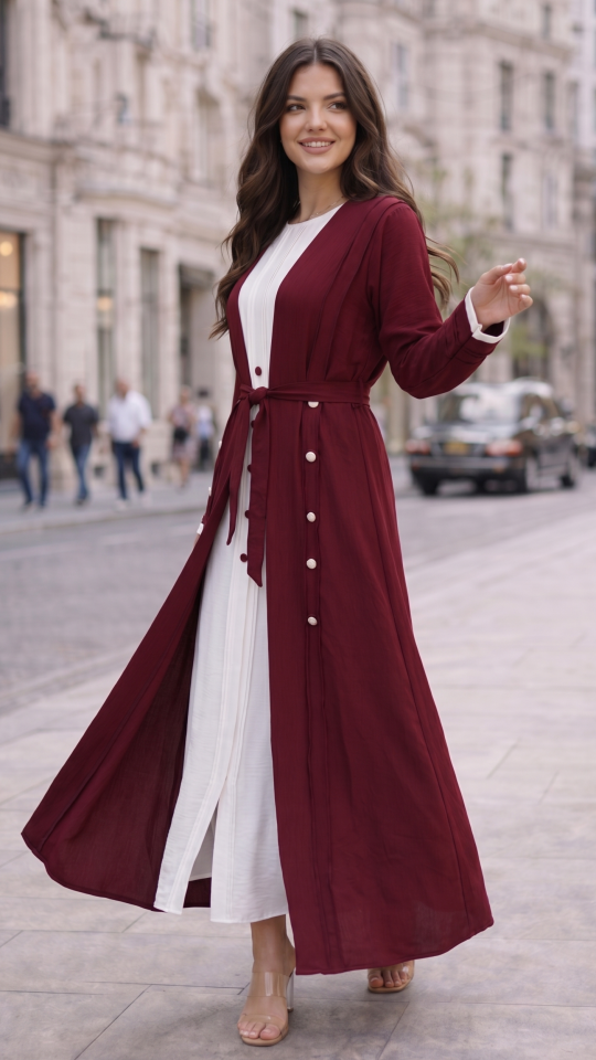 Modest Dress with a Shrug and Belt in Maroon and OffWhite