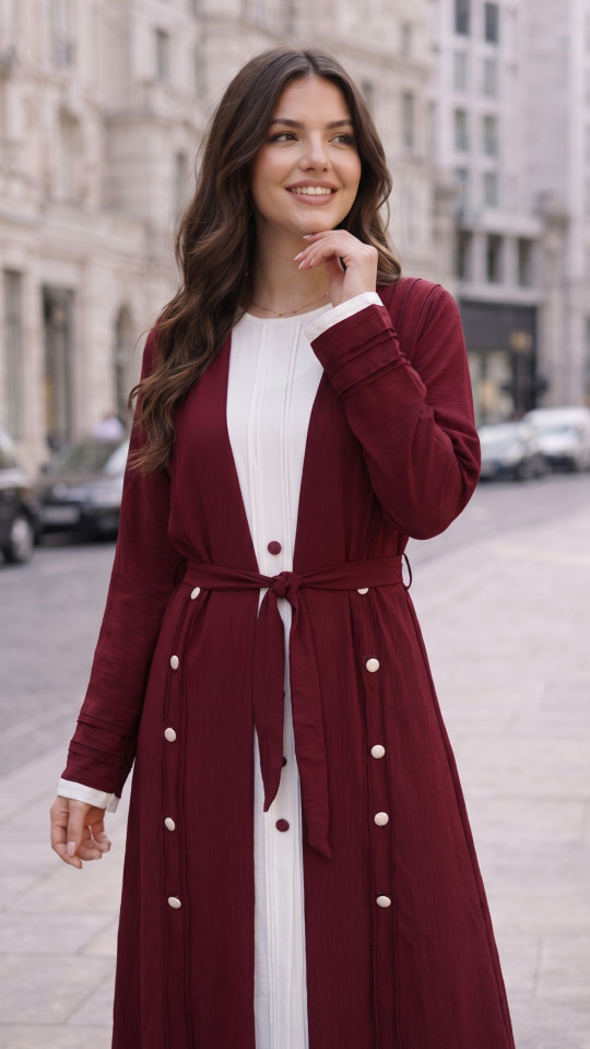Modest Dress with a Shrug and Belt in Maroon and OffWhite