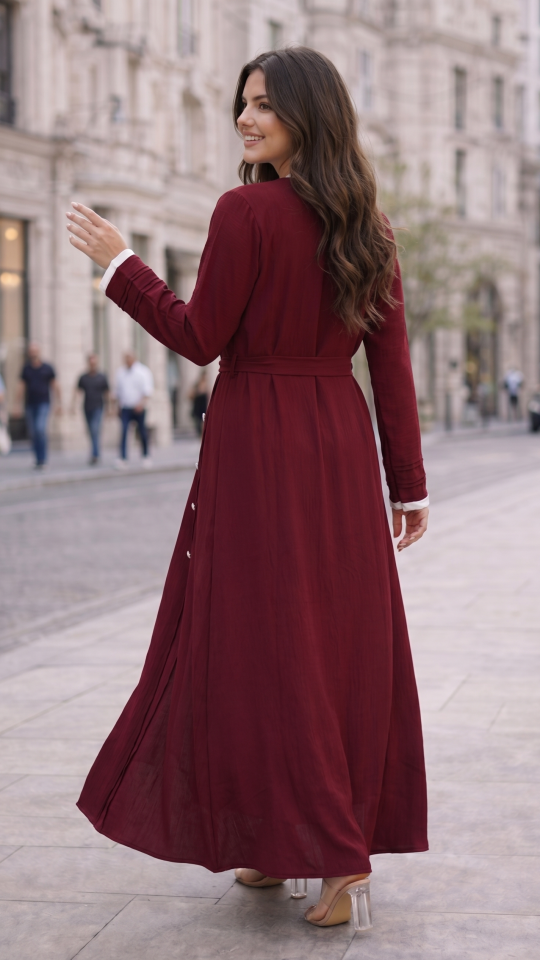 Modest Dress with a Shrug and Belt in Maroon and OffWhite
