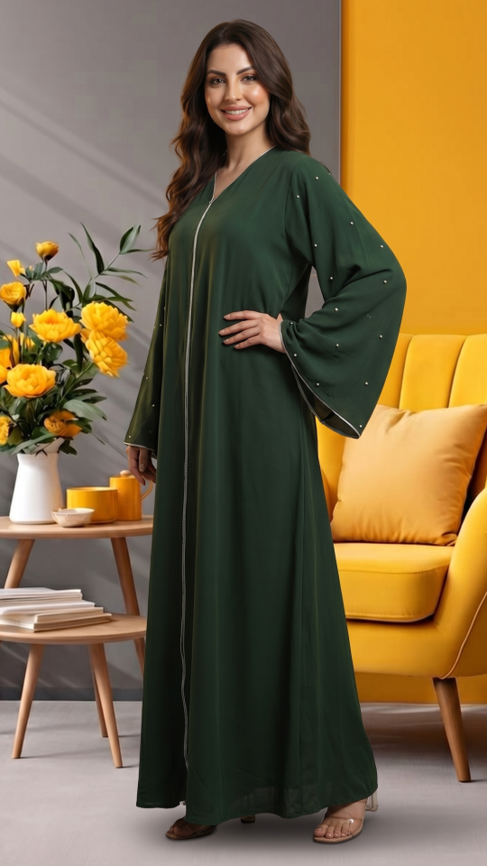 Bulk Olive Zoom Simple Abaya With White Pearl Work And Piping 